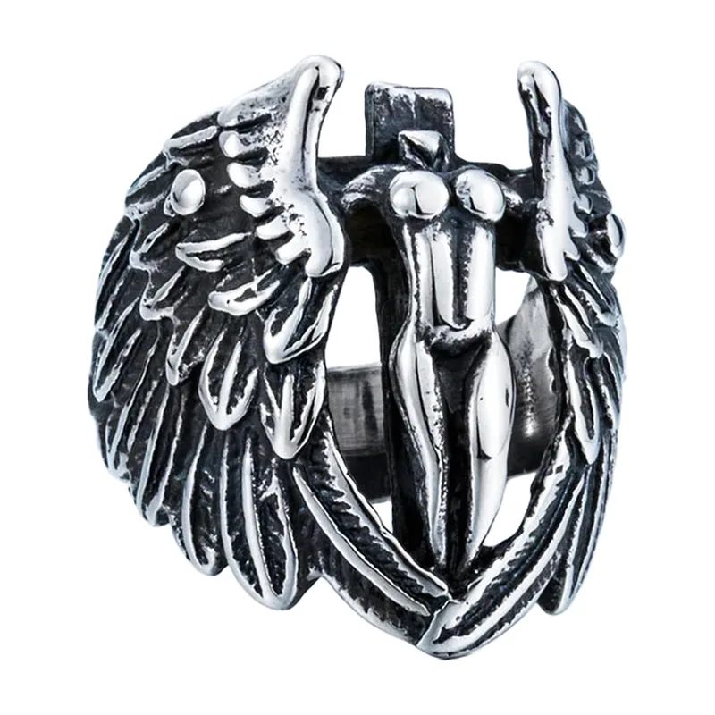 Bague Ange Ailes avec Figure Centrale, Acier Inoxydable