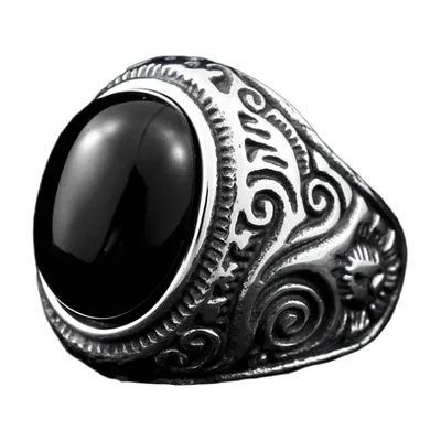 Herren Siegelring mit schwarzem Stein und Ornamenten, Edelstahl
