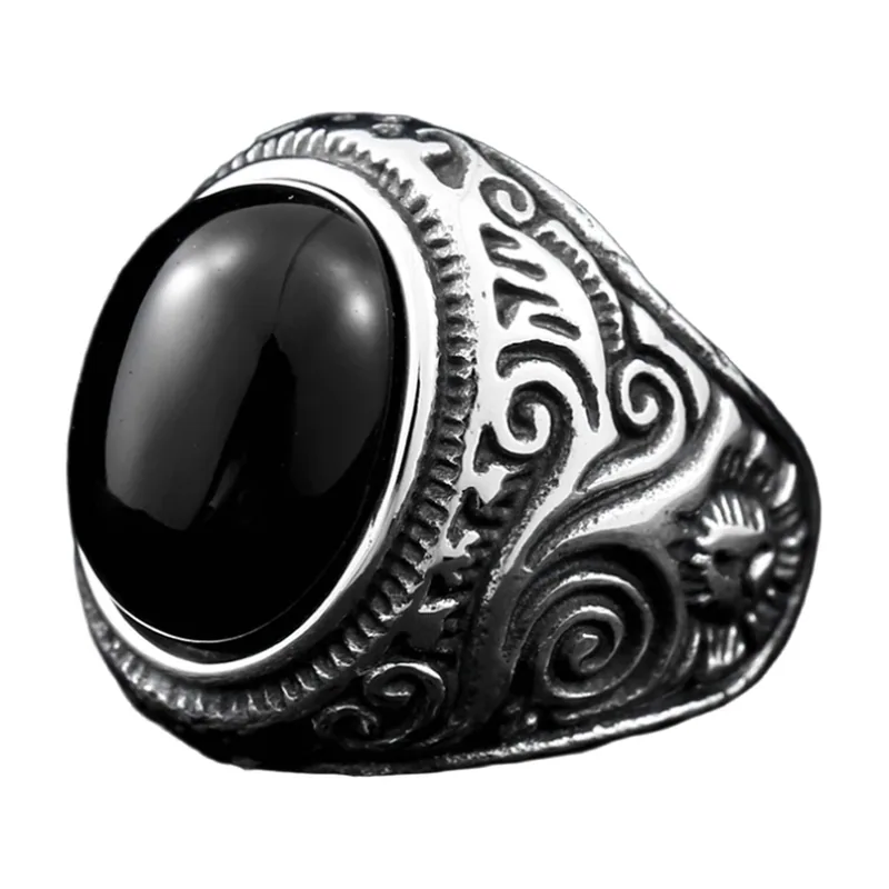 Anello Sigillo con Pietra Nera e Motivi a Spirale, Acciaio Inossidabile