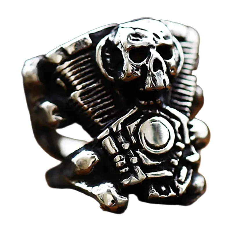 Anello Biker con Teschio e Motore, Acciaio Inossidabile 316L