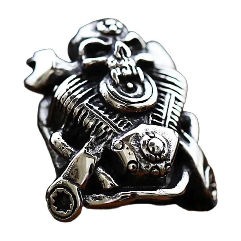 Biker Ring with Skull and Engine Motif, Stainless Steel