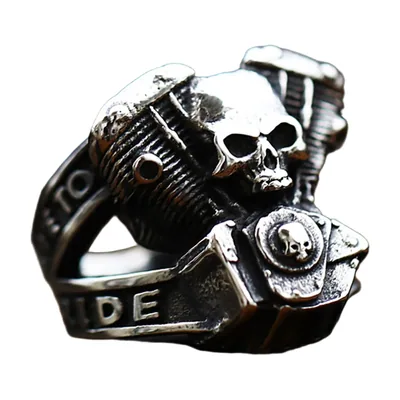 Bague Biker avec Moteur et Crâne, Acier Inoxydable