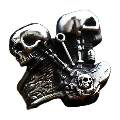 Biker Ring with Motorcycle Engine and Skull Motif, Stainless Steel
