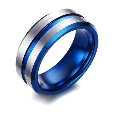 Anello a Fascia Blu e Argento, Acciaio Inossidabile