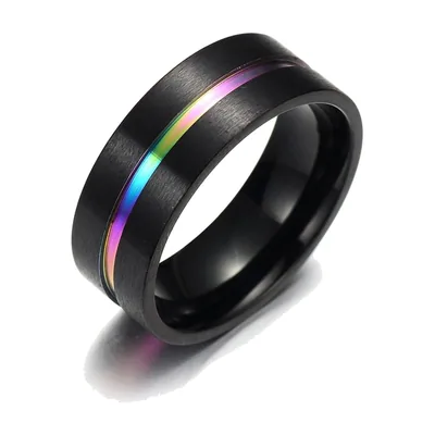 Anello a Fascia Nero Opaco con Intarsio Multicolore, Acciaio Inossidabile