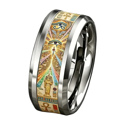 Eye of Horus and Pyramids Band Ring, Stainless Steel