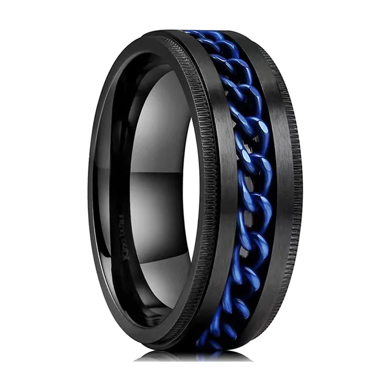 Chain Link Band Ring with Blue Accents, Stainless Steel