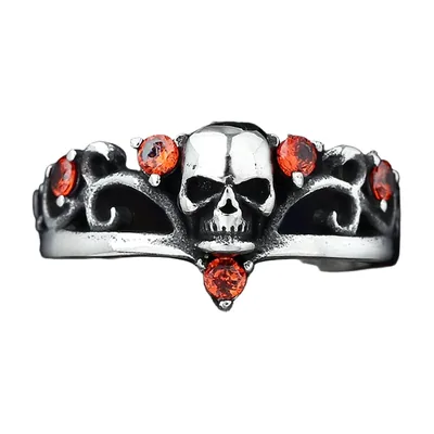 Anillo de Calavera con Piedras Rojas, Acero Inoxidable 316L