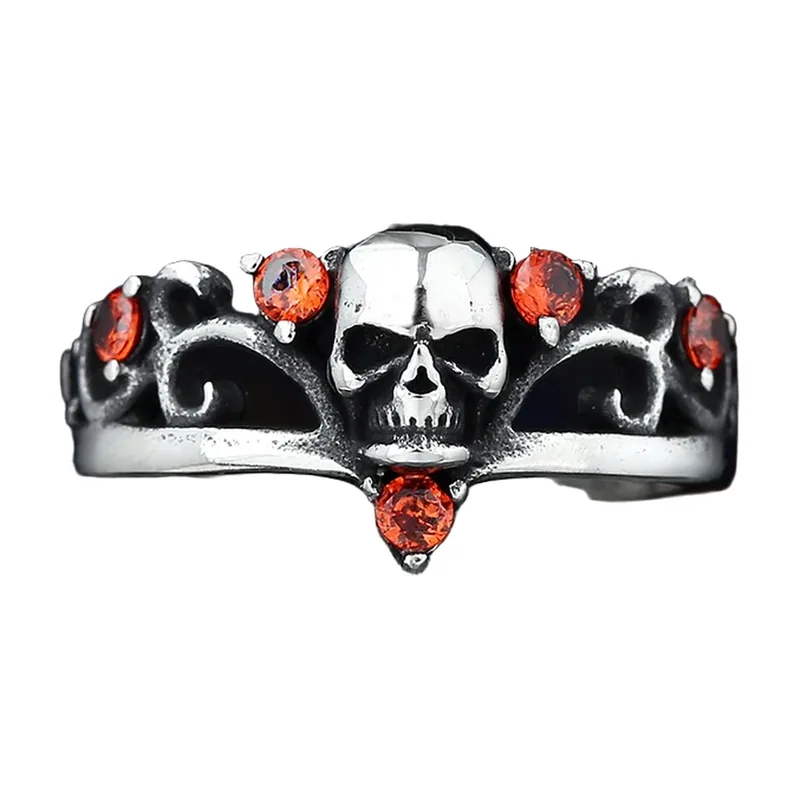 Skull Ring with Red Stones, 316L Stainless Steel