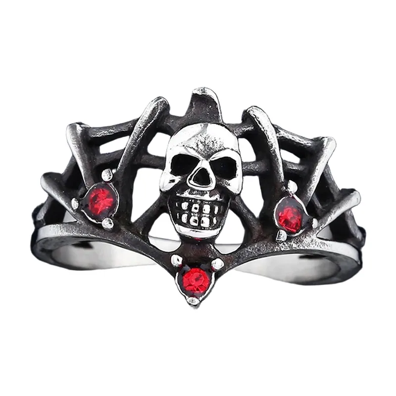 Gotischer Totenkopf-Ring mit roten Steinen, Edelstahl