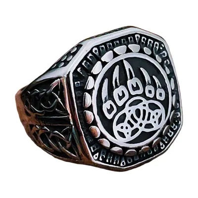 Bear Claw Viking Signet Ring with Norse Patterns, Stainless Steel