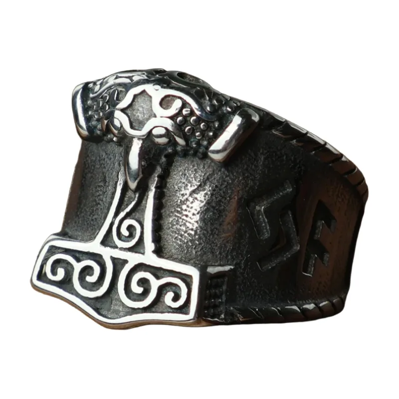 Mjölnir Thors Hammer Ring mit Nordischen Motiven, Edelstahl