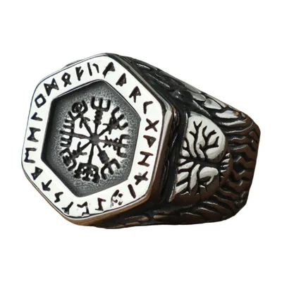Anello Sigillo Esagonale Vegvisir con Rune, Acciaio Inox