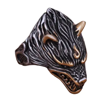 Wolf-Kopf Ring mit nordischen Runen, Edelstahl 316L
