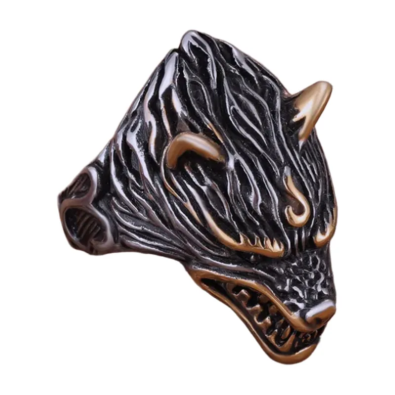 Wolf-Kopf Ring mit nordischen Runen, Edelstahl 316L