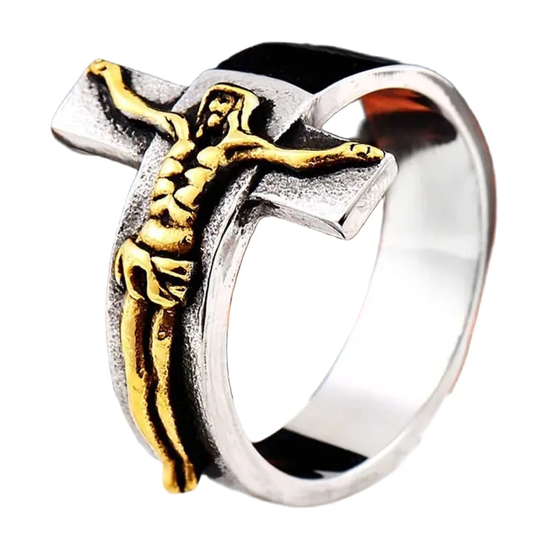 Crucifix Religious Statement Ring, 316L Stainless Steel