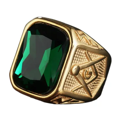 Anello Sigillo Massonico Squadra e Compasso con Pietra Verde, Acciaio Inox