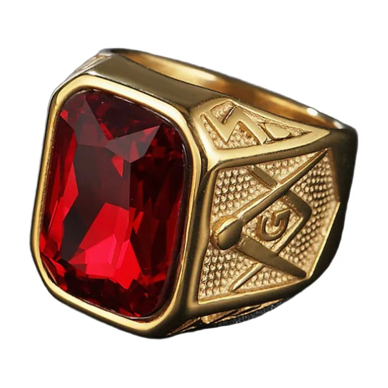 Double Dragon Signet Ring with Red Stone, Stainless Steel