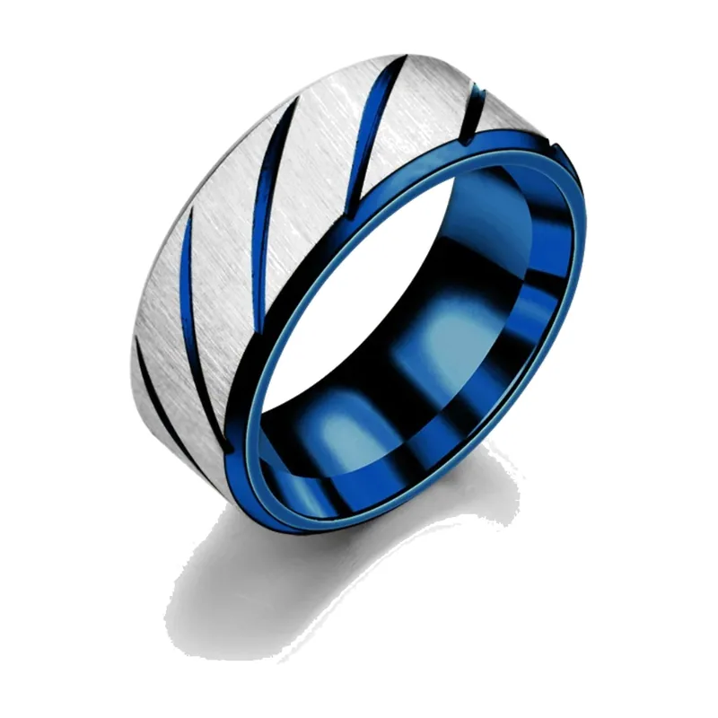 Brushed Band Ring with Blue Diagonal Lines, Stainless Steel