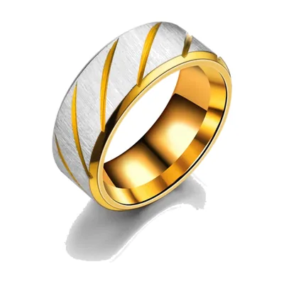 Anello a Fascia Bicolore con Scanalature Diagonali, Acciaio Inossidabile