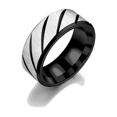 Anello a Fascia in Acciaio Inossidabile Spazzolato con Scanalature Diagonali Nere