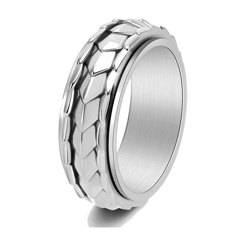 Dragon Scale Spinner Ring, Rotating Fidget Band, Stainless Steel