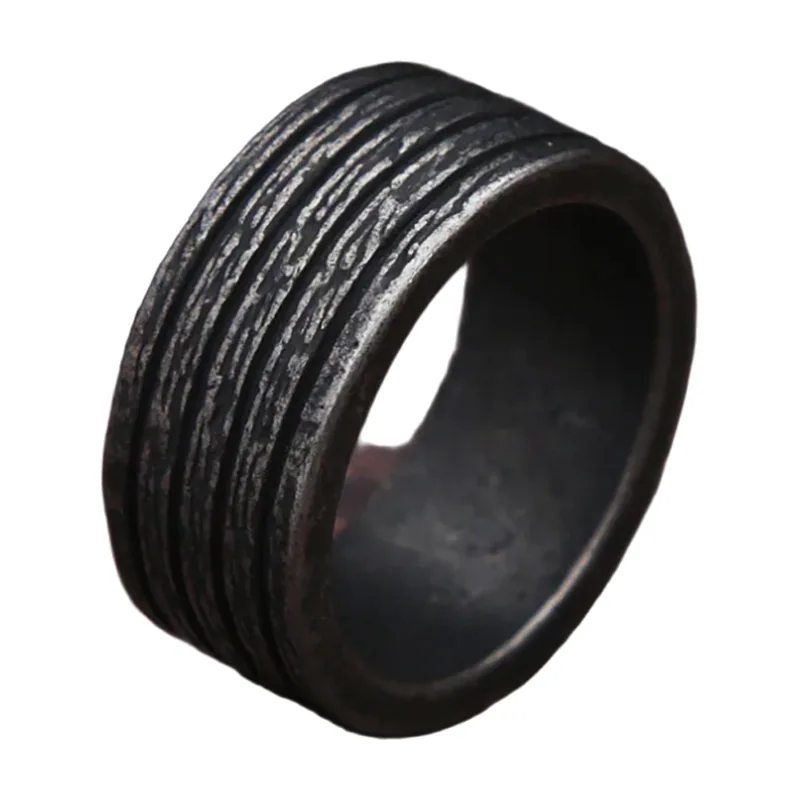 Grooved Band Ring with Industrial Texture, Stainless Steel