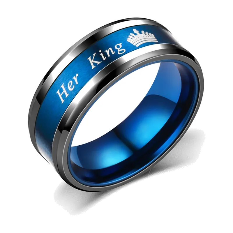 Blauer Ring mit Kronen-Motiv und Her King Gravur, Edelstahl
