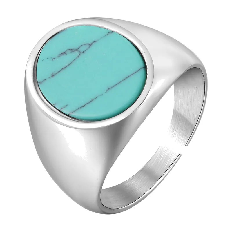 Chevalière Ovale avec Pierre Bleu Turquoise, Acier Inoxydable