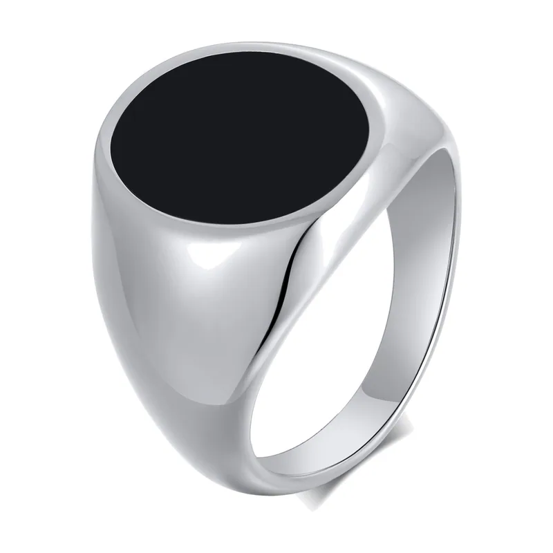 Herren Siegelring Oval mit schwarzem Stein, Edelstahl