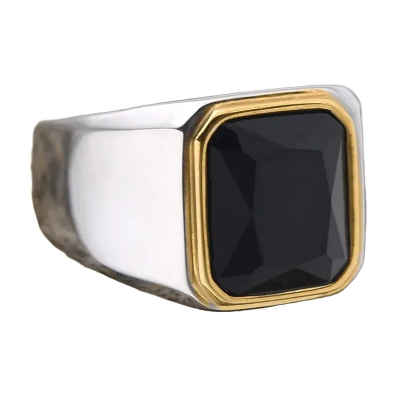 Square Signet Ring with Black Onyx, Stainless Steel