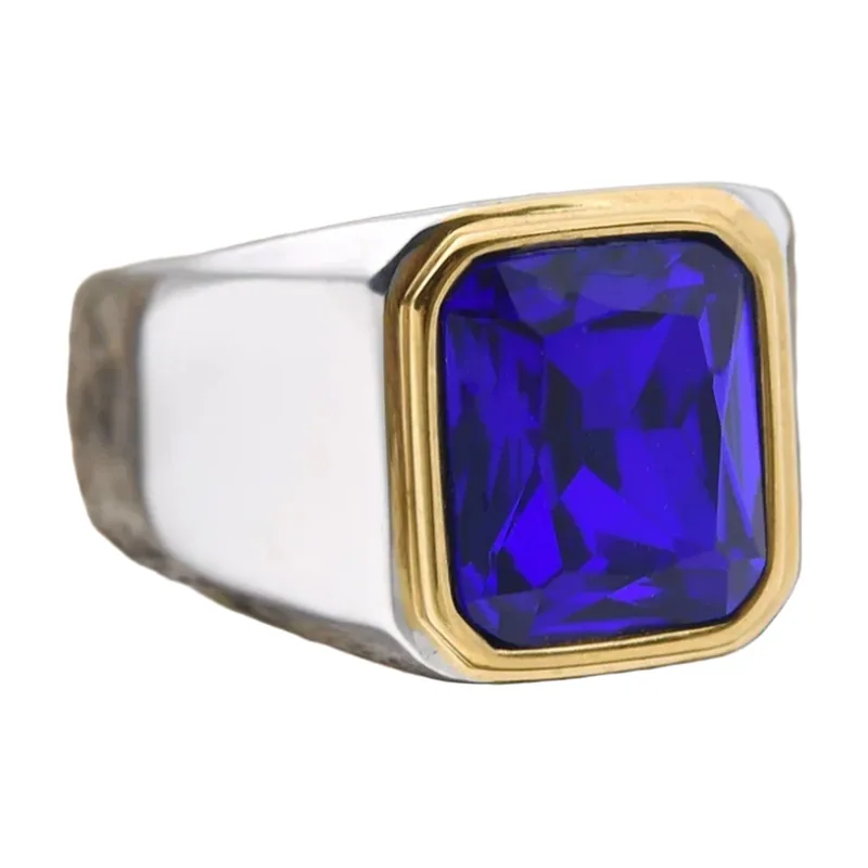 Chevalière Carrée avec Pierre d'Onyx Bleue, Acier Inoxydable