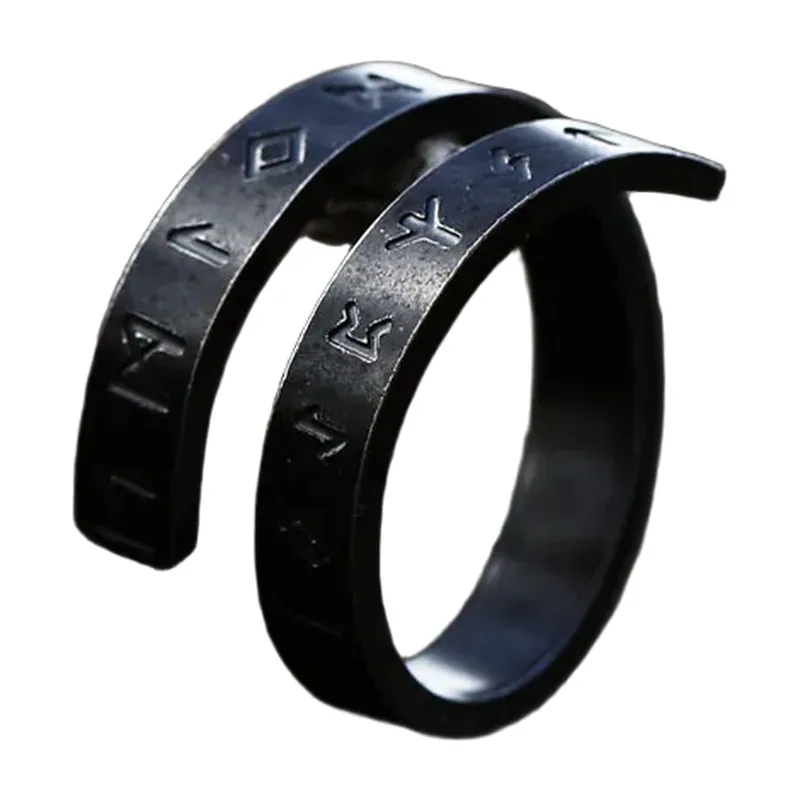 Open Wrap Ring with Norse Runes, Stainless Steel