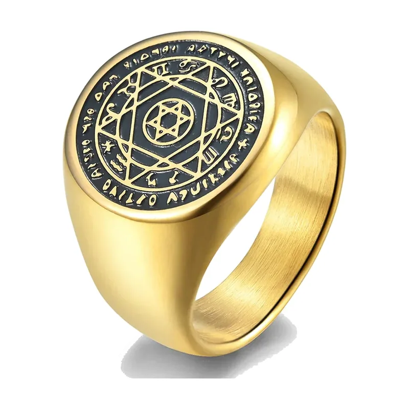 Anello Siginetto con Sigillo di Salomone Esagramma e Pentagramma, Acciaio Inossidabile