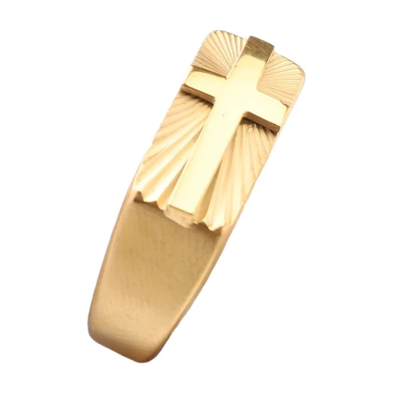 Chevalière avec Croix et Motif Soleil, Acier Inoxydable Doré