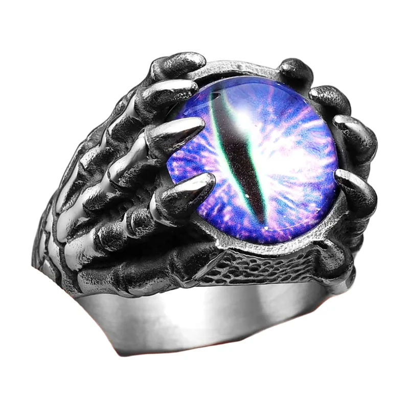 Evil Eye Ring mit Skeletthand und lila Stein, Edelstahl