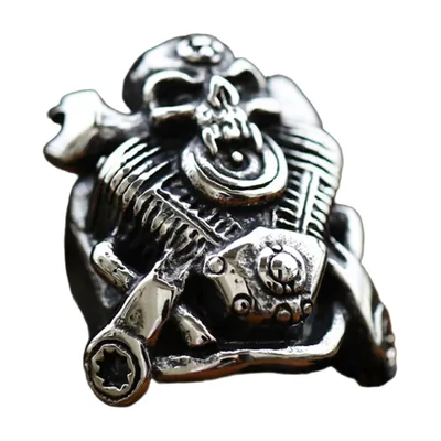 Anillo Biker con Motivo de Calavera y Motor, Acero Inoxidable