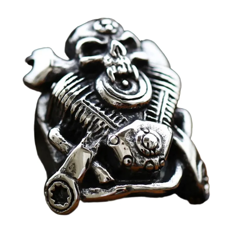 Biker Ring with Skull and Engine Motif, Stainless Steel