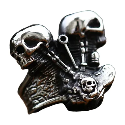 Anillo Biker con Motor y Calaveras, Acero Inoxidable