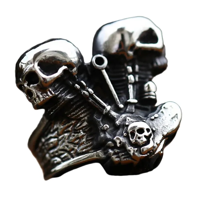 Biker Ring with Motorcycle Engine and Skulls, Stainless Steel