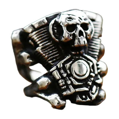 Anillo Biker con Motivo de Calavera y Motor, Acero Inoxidable