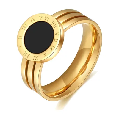 Anillo Sello con números romanos y centro negro, acero inoxidable