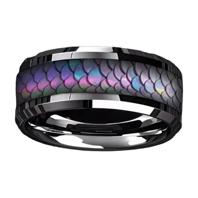 Anillo con Motivo de Escamas de Meteorito, Acero Inoxidable Negro
