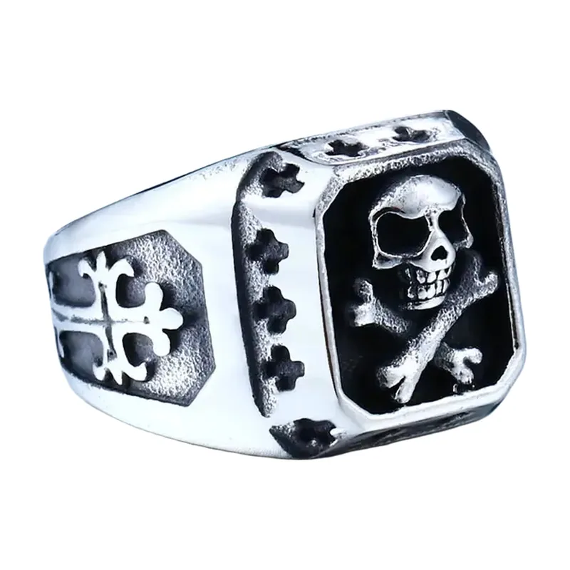 Anello Siginetto con Teschio e Ossa Incrociate, Stile Biker, Acciaio Inossidabile