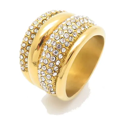 Anillo Ancho con Circonitas Transparentes, Acero Inoxidable