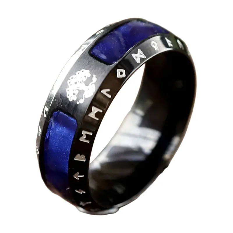 Yggdrasil Tree of Life Ring with Blue Stones and Runes, Stainless Steel