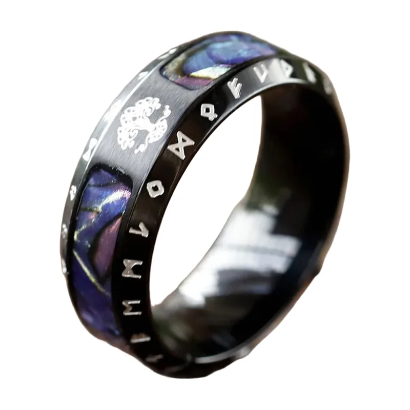 Wikinger Yggdrasil Lebensbaum Ring mit blauen Steinen, Edelstahl