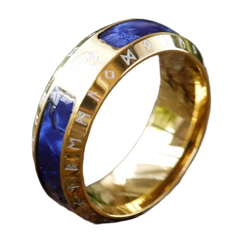 Wikinger Yggdrasil Lebensbaum Ring mit blauem Stein, Edelstahl