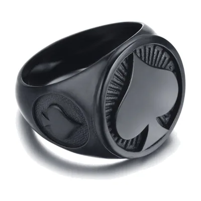 Herren Siegelring mit Pik-Symbol, Schwarz, Edelstahl 316L