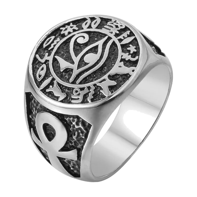 Bague Chevalière Œil d'Horus aux Symboles Égyptiens, Acier Inoxydable